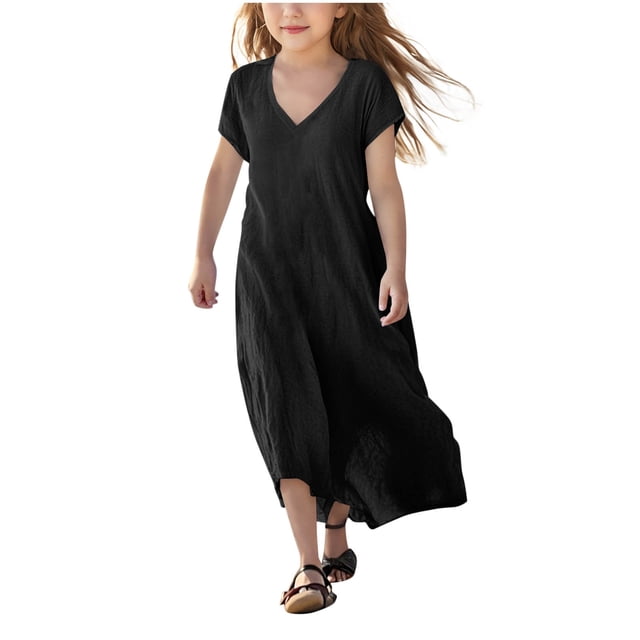 Mgmyaa Robes pour Filles Enfants Été Manches Courtes Col en V Chandail Longue Robe Plage Robe Décontractée