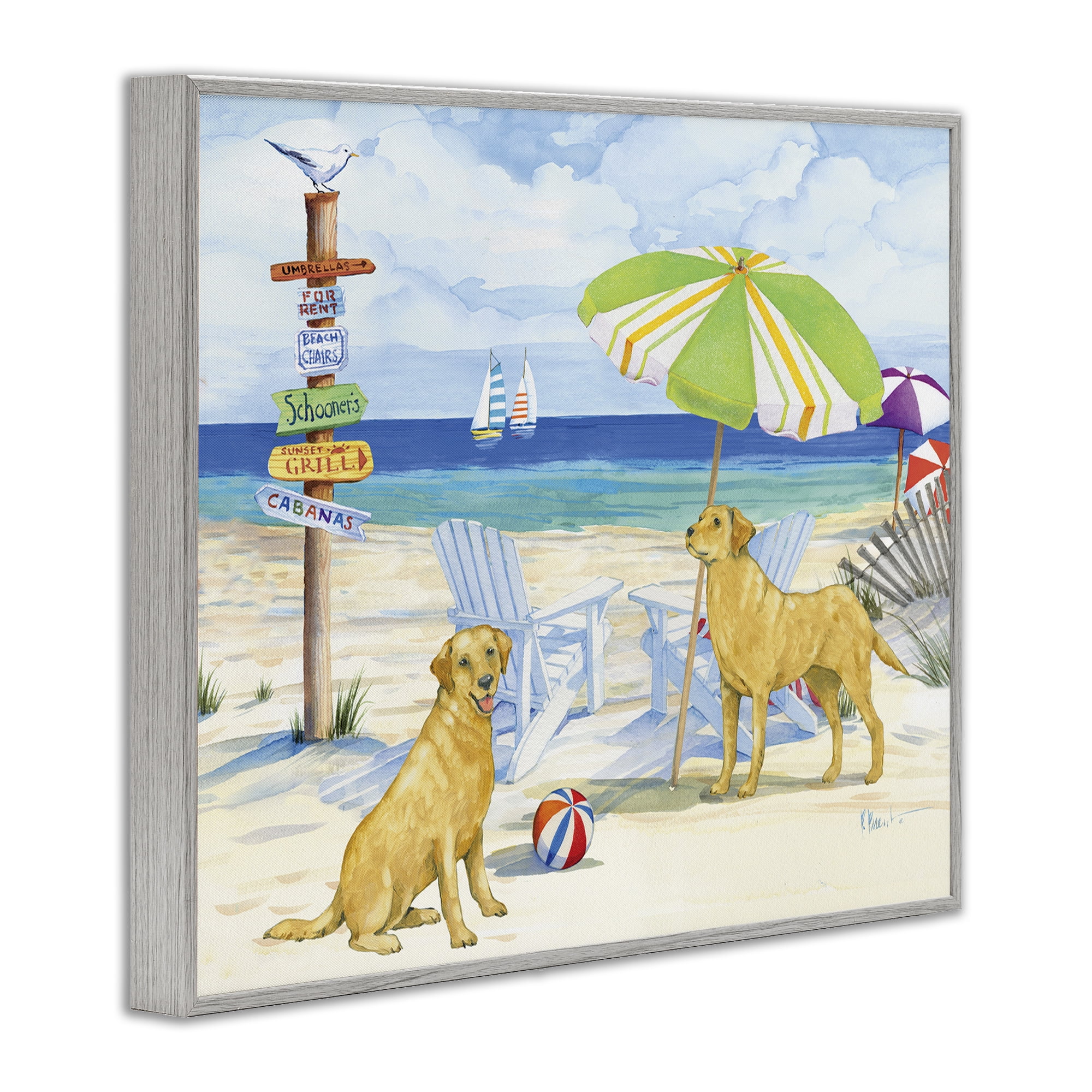Stupell Industries Retriever Dogs at Beach Animals & Insects Painting Gray Framed Art Print Wall Art, 14 x 11