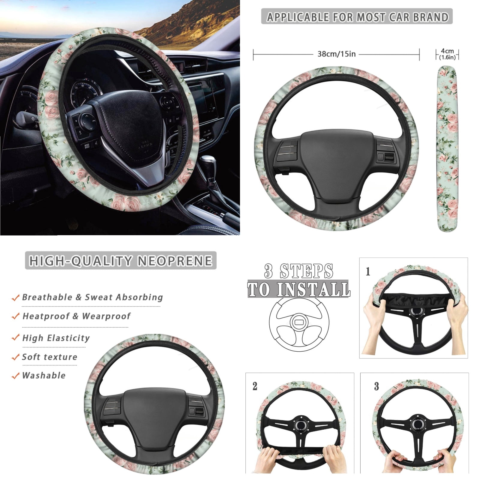 Yuyamidu 14 Piece Pink Rose Car Seat Cover Set with Steering Wheel Cover Green Seat Belt Strap Cover Garbage Bin Armrest Cover Rearview Mirror Cover Coaster Gear Shift Knob Cover Set for Women