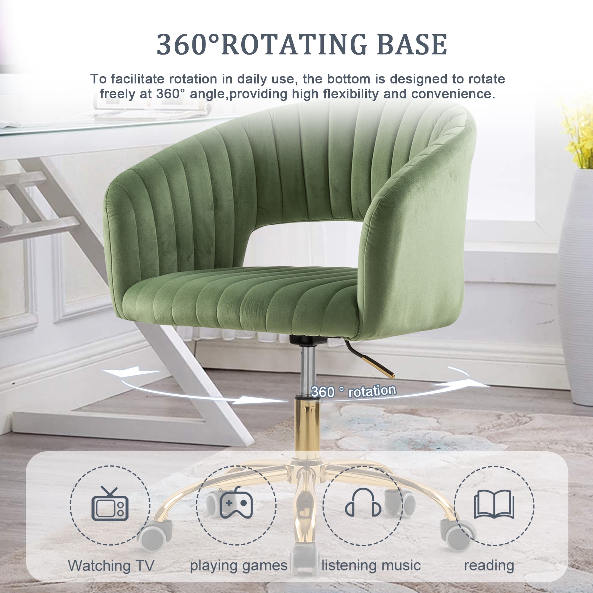 MOONMISS Modern Velvet Office Chair with Gold Base,Adjustable Swivel Desk Chair with Wheels,Low Back Rolling Vanity Chair,Olive Green
