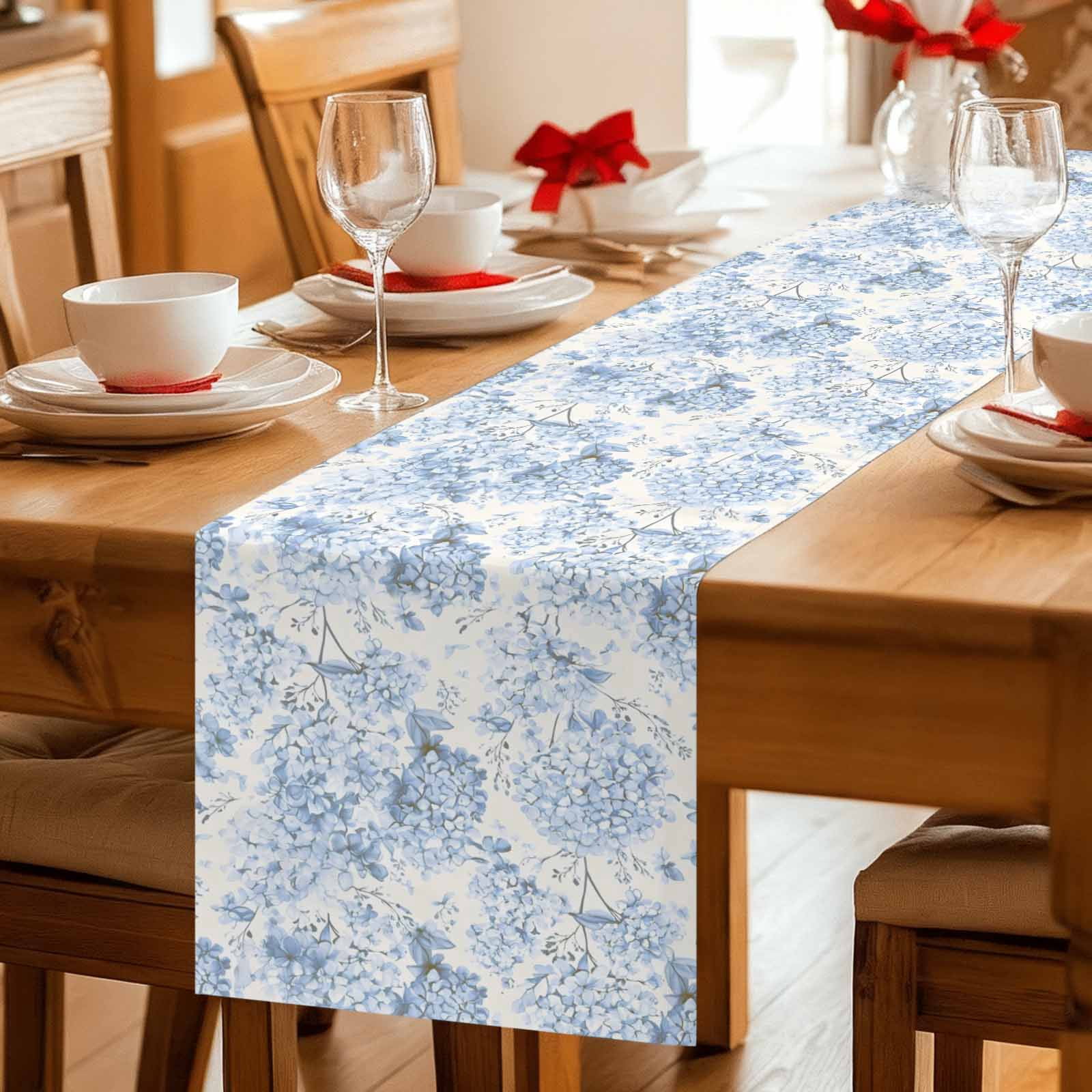 Blossoms Hydrangea Floral Table Runner 90 Inches Long,Kitchen Dining Tablerunners Blue Flowers Linen Table Runners Dresser Scarves for Home Dinner Wedding Holiday Party Decor