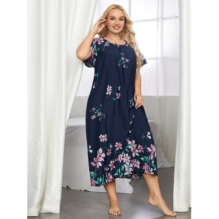 

Casual Women s Plus Flounce Sleeve Floral Print Sleep Dress Navy Blue 0XL(12) for Summer F220102Y