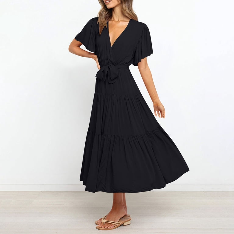 green emerald velvet dress Women's Casual Floral Long Sleeve Square Neck Smocked Ruffle Hem Flowy Midi  Dress with Pockets main image 1