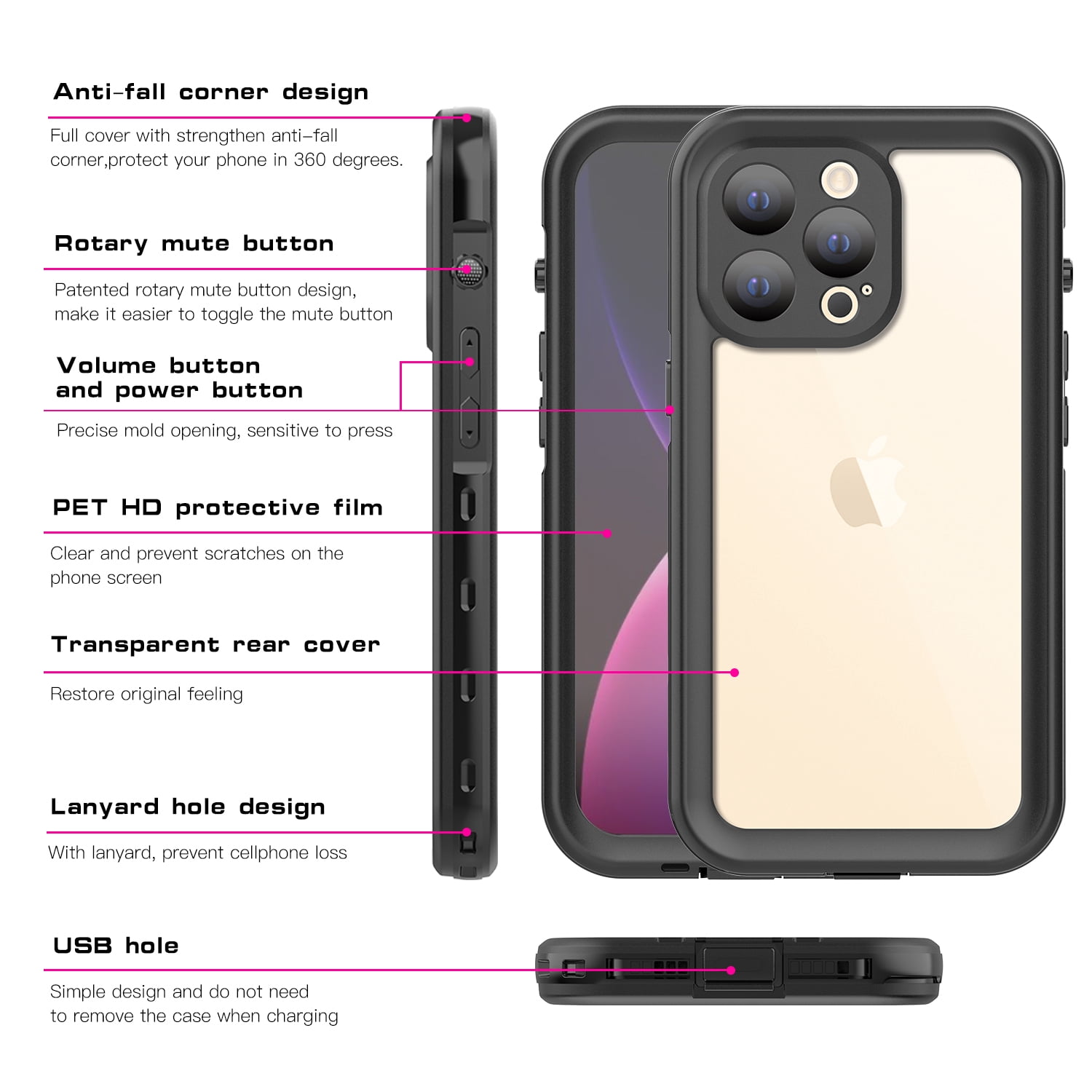 SaniMore for iPhone 13 Pro Max IP68 Waterproof Case with PET Screen Protector, Ultra Clear Cover with Magnetic Wireless Charging Transparent PC + Soft TPU Heavy Duty Protection Shell, Black