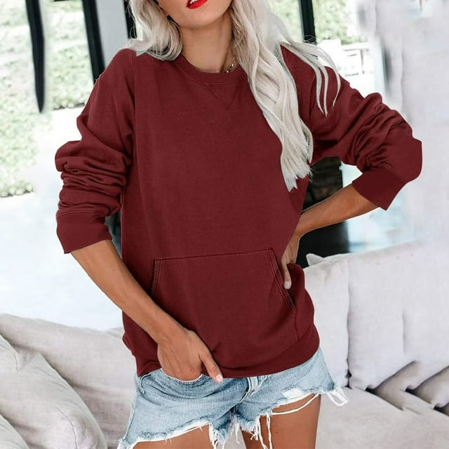 Qertyioot Hauts de Mode pour Femmes, Blouse Chandail Uni Ample à Col Rond à Manches Longues avec Poche