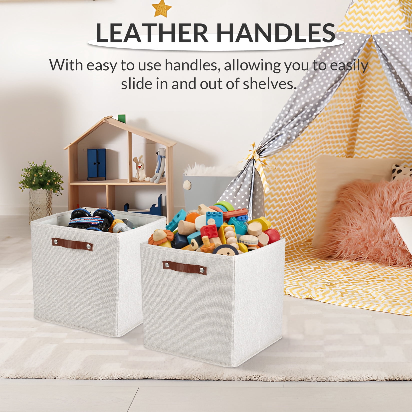 DSstyles Stackable Storage Cube Bins Box Set with Leather Handles, Beige, 6 Pack