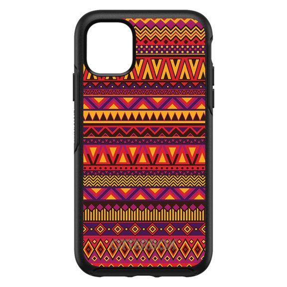 DistinctInk OtterBox Symmetry Custom Case for Apple iPhone 15 (6.1" Screen) - Purple Red Yellow Tribal Print - Raised Bezel Screen Guard