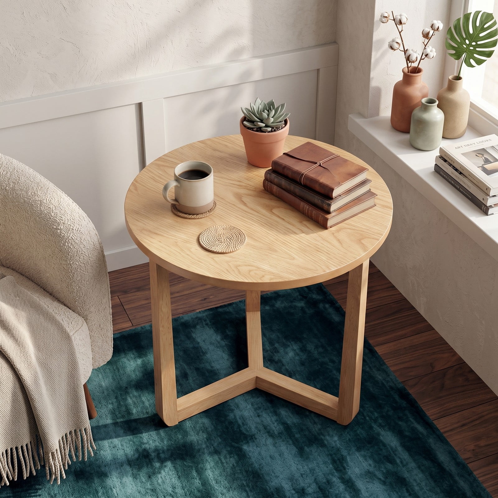 Furnibear 22.5 Inch Round Side Table, Farmhouse End Table with Sturdy Rubber Wood Legs and Triangular Base, Wooden Accent Nightstand Sofa Table for Living, Natural