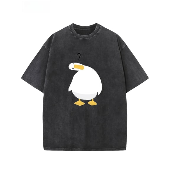 Duck Graphic Tee T-Shirt Retro Cotton Top Cute Print Washed Short Sleeve Round Neck Fashion Casual Black S-2XL Plus Size