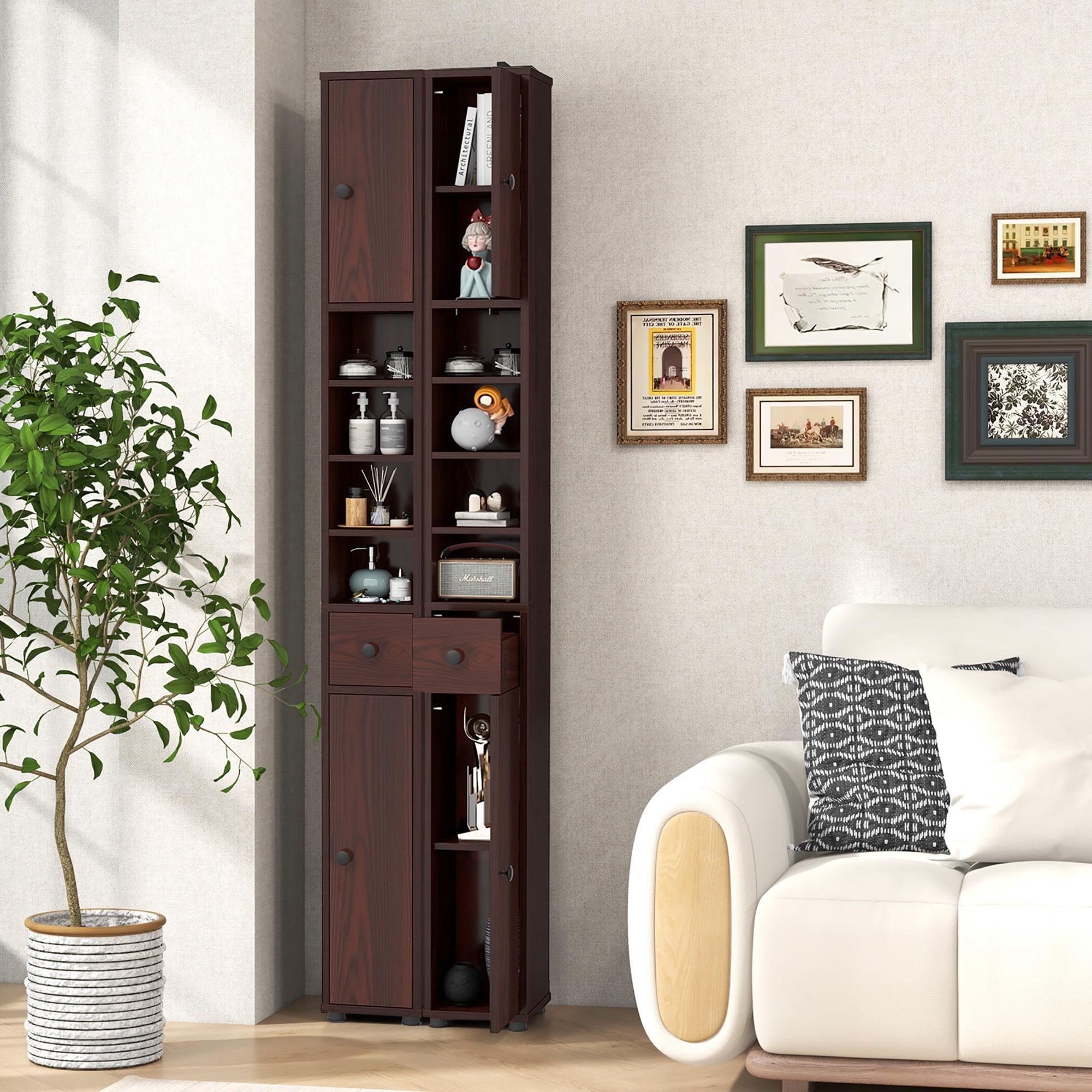 Gymax Tall Slim Bathroom Storage Cabinet Linen Tower w/Drawer Adjustable Shelves Brown