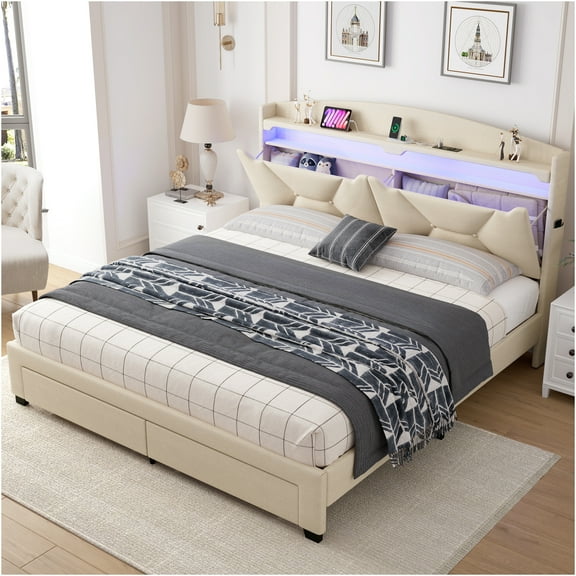 JERFIT Queen Storage Headboard with RGB LED Lights, USB & Type-C, Grey