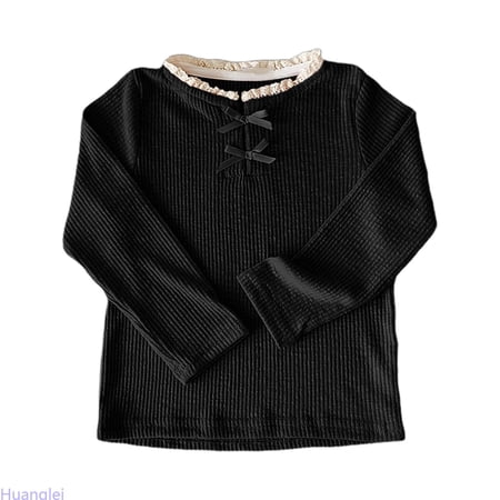 Huanglei Girls Cute Bow Blouse Elegant Lace Collar Top Korean Style Casual Tee For Toddler And Kids Ruffled Shirt Girl Basic T-Shirts 9-10 Years Black