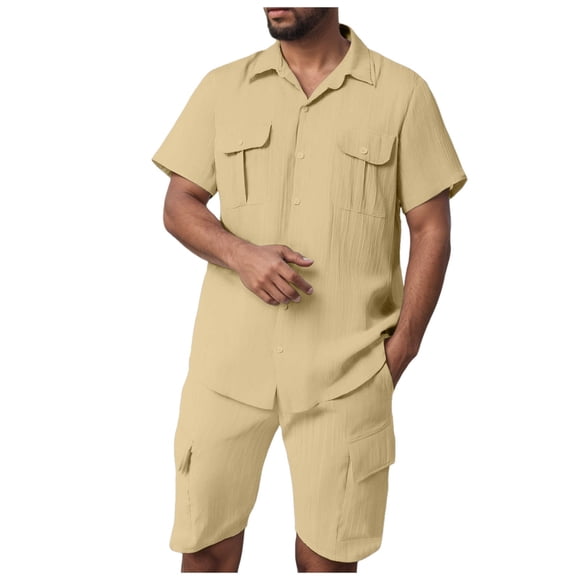 Ketyyh-chn99 Men's Shirt Set 2 Piece Summer Outfit Men Sets Outfits 2 Piece Summer Short Sleeve Shirt Shorts Set Beach Wear Vacation Outfit Size for 3XL,Khaki