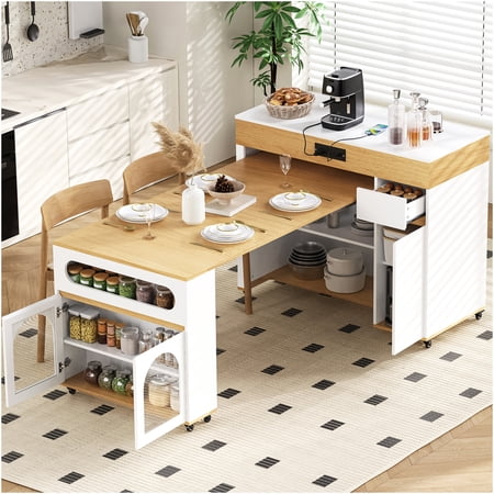 Extendable Kitchen Island with Folding Table Top Mobile Storage Cabinet with Drawers Power Outlet and Locking Wheels for Dining and Prep