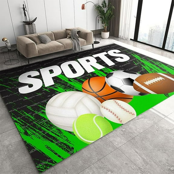 Sports Football Basketball Volleyball Baseball Kids Area Rug, Green Black Living Room Rugs, Non-slip Non-Shedding Washable Mat For Bedroom Gaming Room Entryway Hallway 3 x 4ft