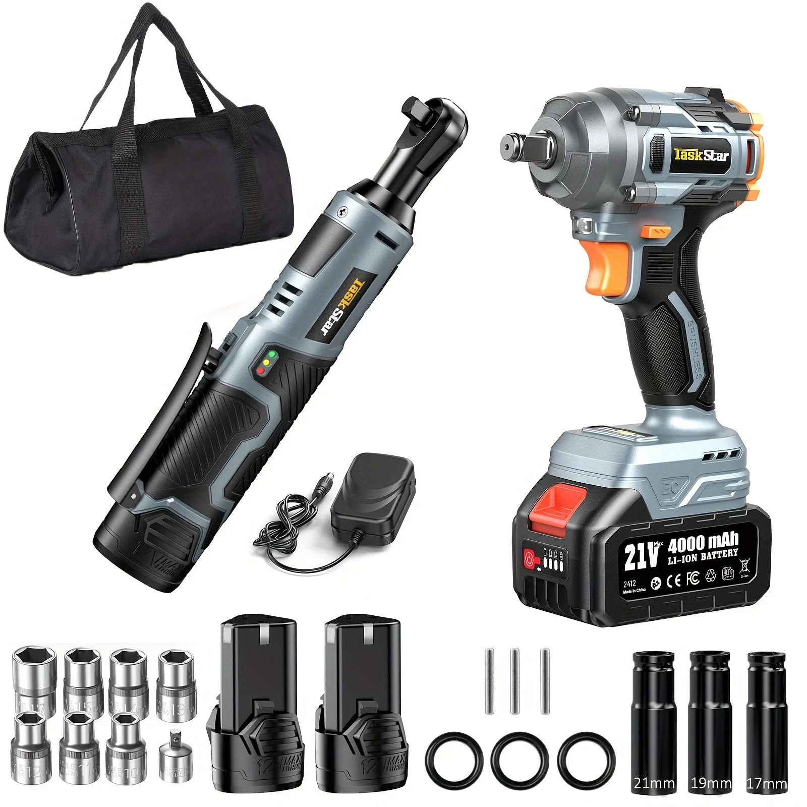 TaskStar 2-Tool Combo Kit: 1/2" Brushless Impact Wrench (330Ft-lbs) & 12V Electric Ratchet Wrench Set with Batteries & Sockets for Auto/Home DIY