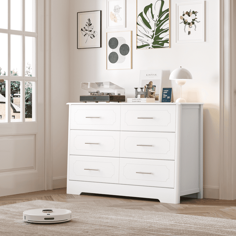 Homfa 6 Drawer Horizontal Dresser with Silver Handles, White Sturdy Double  Dresser Chest for Bedroom