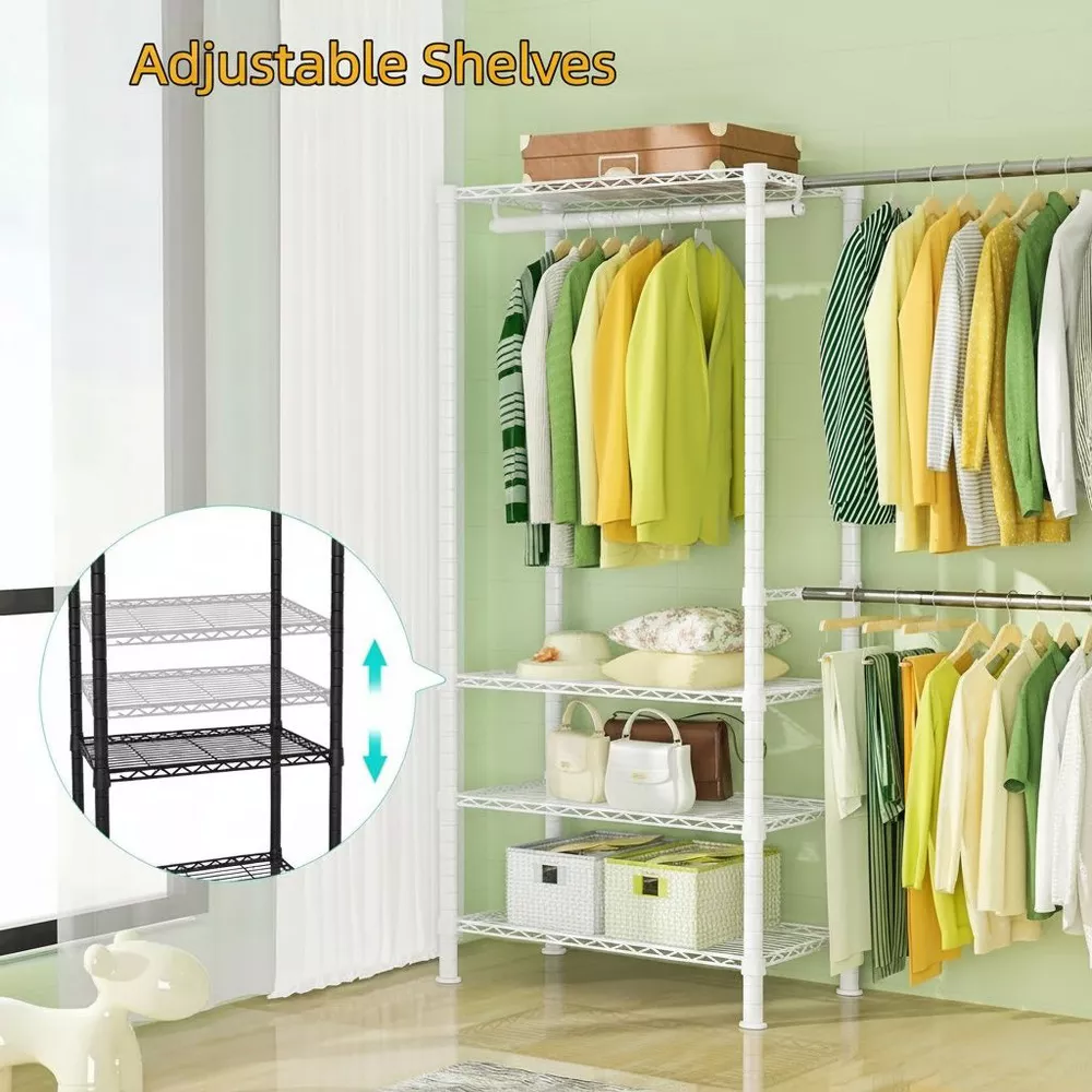 Sailvan 3-Tier Heavy Duty Garment Rack with Wheels, Adjustable Wire Clothes Rack with Double Hanging Rods & Side Hooks, Portable Closet,White