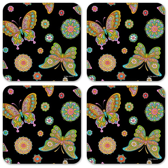 Vinyl Drink Coasters - Set of 4 - Paisley Butterflies (black) - Image by Dan Morris