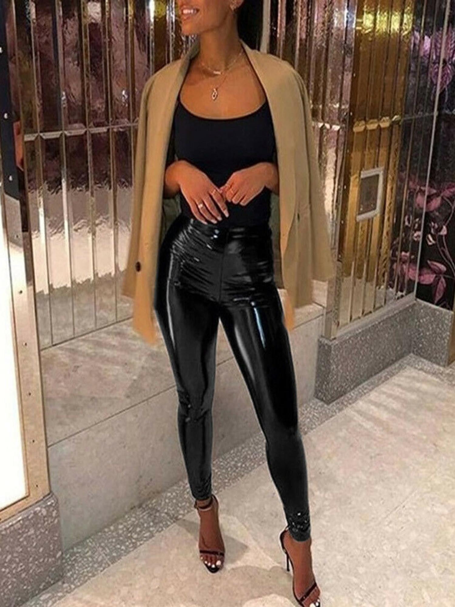 Women's PU Leather Trousers High Waist Solid Color Shiny Stretchy