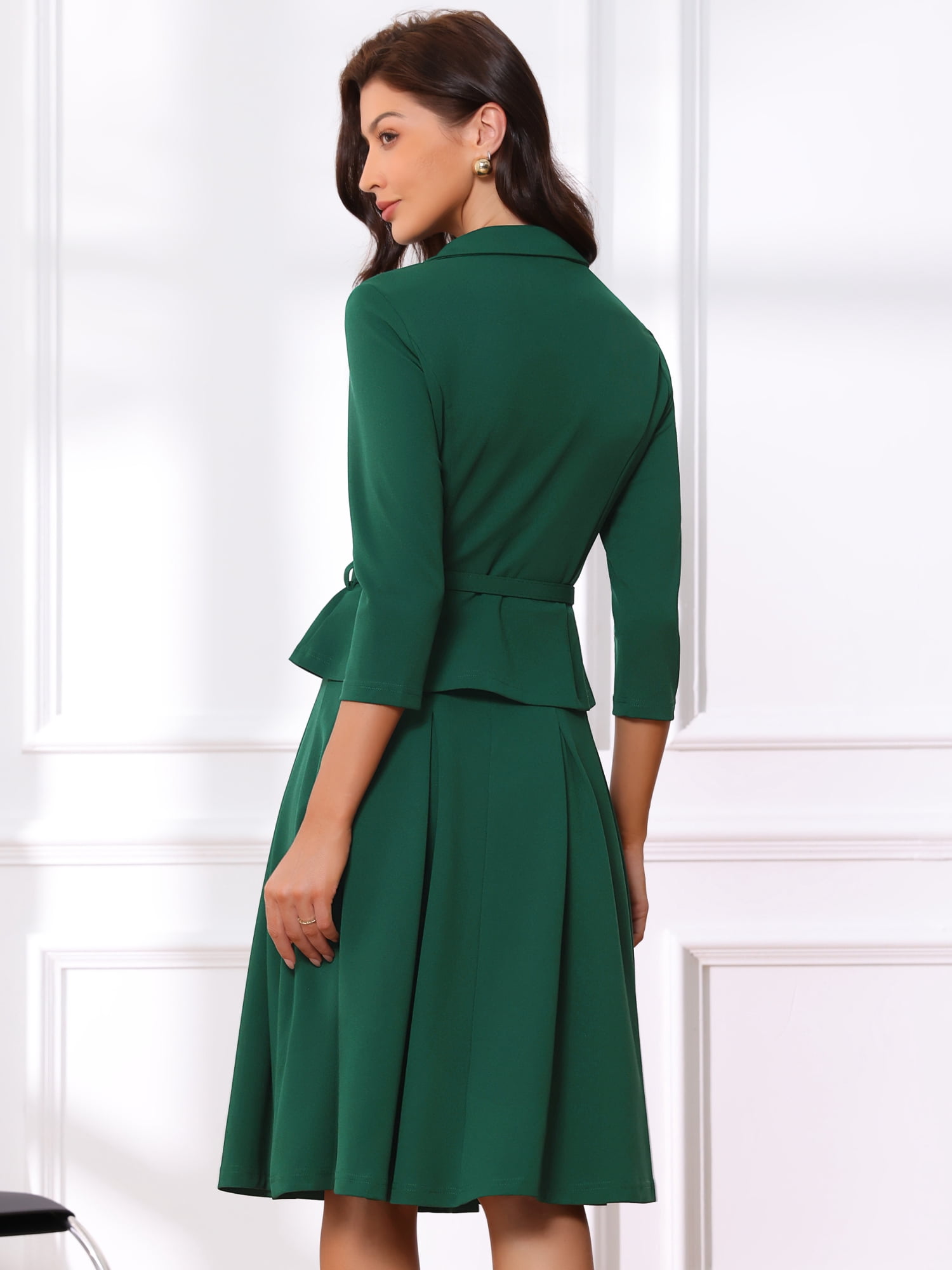 DARING DIVA 2Pcs Women's Office Blazer Jacket Pleated Skirt Suit Set M Dark Green