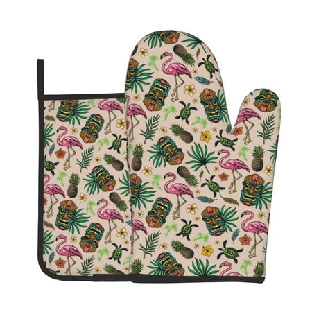 

KLL Tropical Mask Flamingo Pattern Oven Mitts and Pot Holders 2pcs Sets for Kitchen Oven Mitt Heat Resistant 536°F Oven Gloves for Kitchen Cooking and Baking