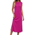thumbnail image 3 of Dresses for Women Solid Color Round Neck Sleeveless Maxi Dress with Pockets and Side Slits Fashion Outfit L, 3 of 7