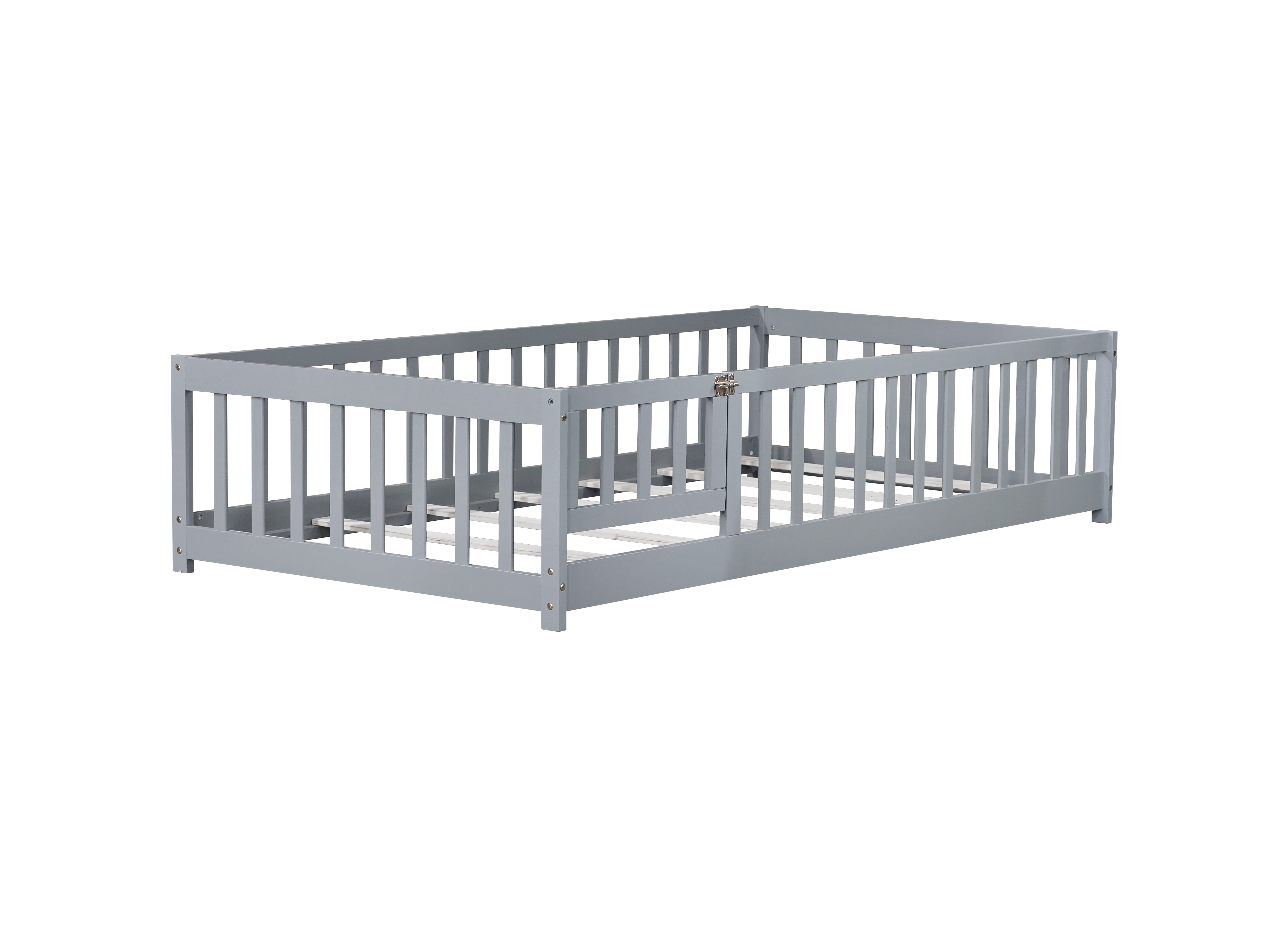 Mintazer Twin Floor Bed with Fence and Door, Montessori Bed with 17.5" Safety Guardrails for Kids Girls Boys, Gray Blue