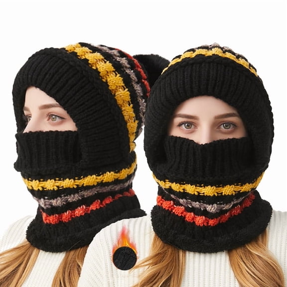 Wowcloth Women's Winter Cable Knit Hat and Scarf Set, Colorblock Ear Flap, Warm Two-Piece Accessory with Pom Pom Details