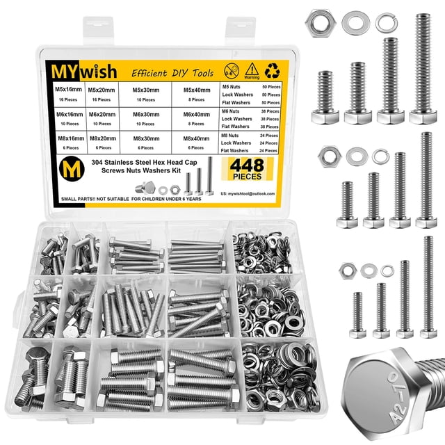 Mywish Ensemble de 448 Pcs de Vis de Boulons M5 M6 M8, Assortiment de Boulons Métriques, Acier Inoxydable 304, Ensemble Écrou et Boulon Rondelles Plates et à Ressort, Embout Hexagonal Sc