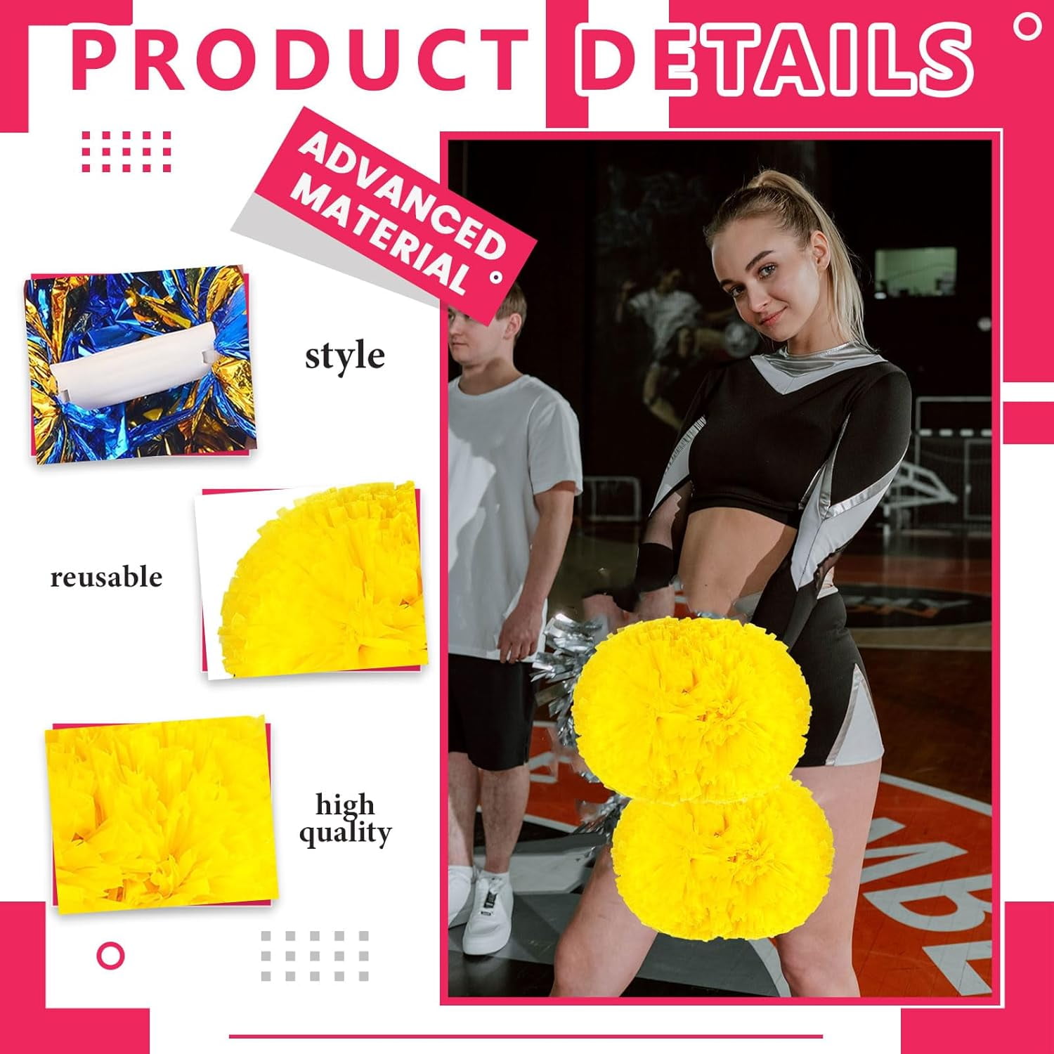 Cheerleader Pom Poms 12 Pack Sports Dance Cheering Plastic Metallic Cheerleading Pom Poms for Kids Adults