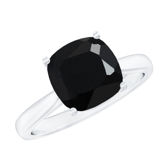 Rosec Jewels 8 mm Cushion Cut Black Spinel Solitaire Ring with Surprise Diamond - AAA Quality August Birthstone - Valentines Ring, 925 Sterling Silver, US 4.00