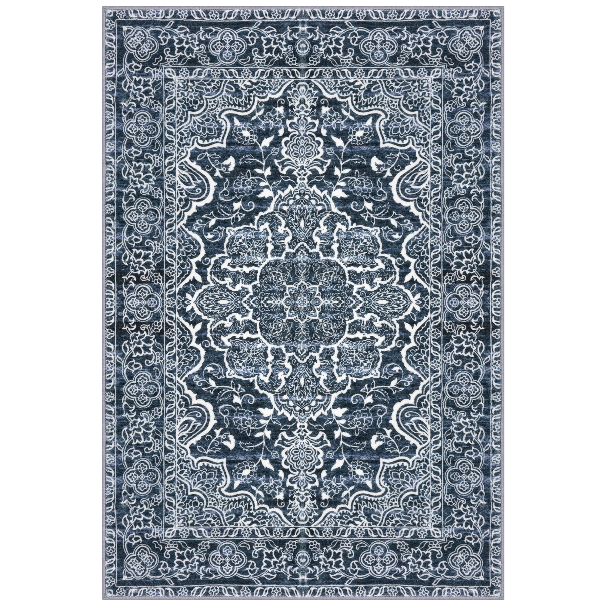 GLATTICE Washable Rugs 3x5 Navy Blue Area Rugs Vintage Floral Rug for Living Room Non-Slip Kitchen Rugs Soft Printed Distressed Entry Rug Low-Pile Throw Rug Carpet for Entryway Bedroom