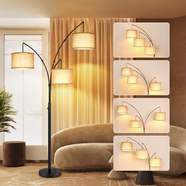 OUTON 80" Modern Floor Lamp with 3 arched lights and buckwheat-colored linen shades, shown in a living room setting. The black standing lamp features adjustable branches that rotate 360° and three 9W LED bulbs emitting warm 2700K light. The sturdy base ensures stability, making it suitable for homes with pets or children. The lamp's layered design adds a touch of sophistication to the decor.