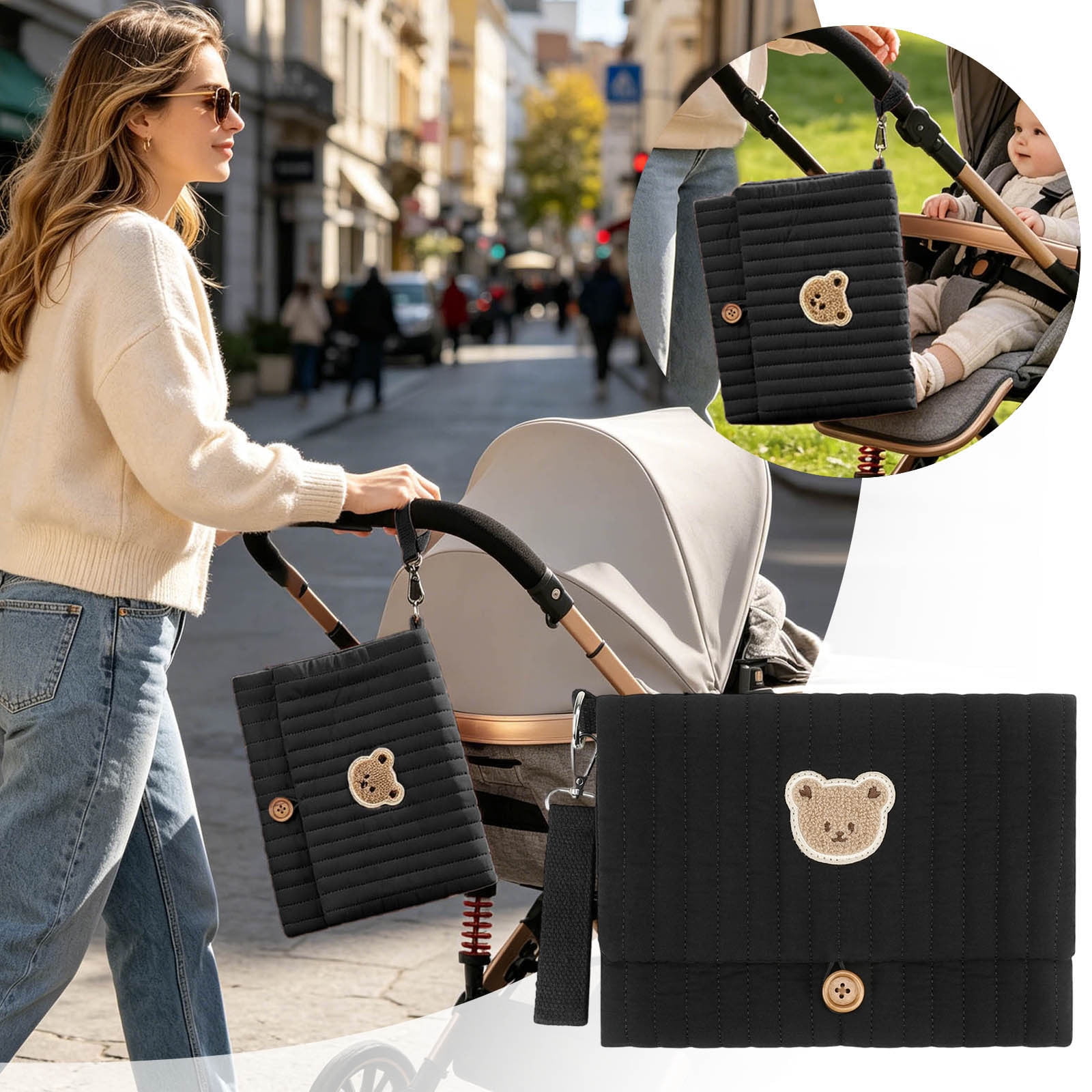 Cute Bear Embroidery Baby Diaper Organizer Waterproof Cotton Stroller Hanging Bag Multi‑Pocket Mommy Storage Pouch with Wipes Pocket for Travel Daily Use Black