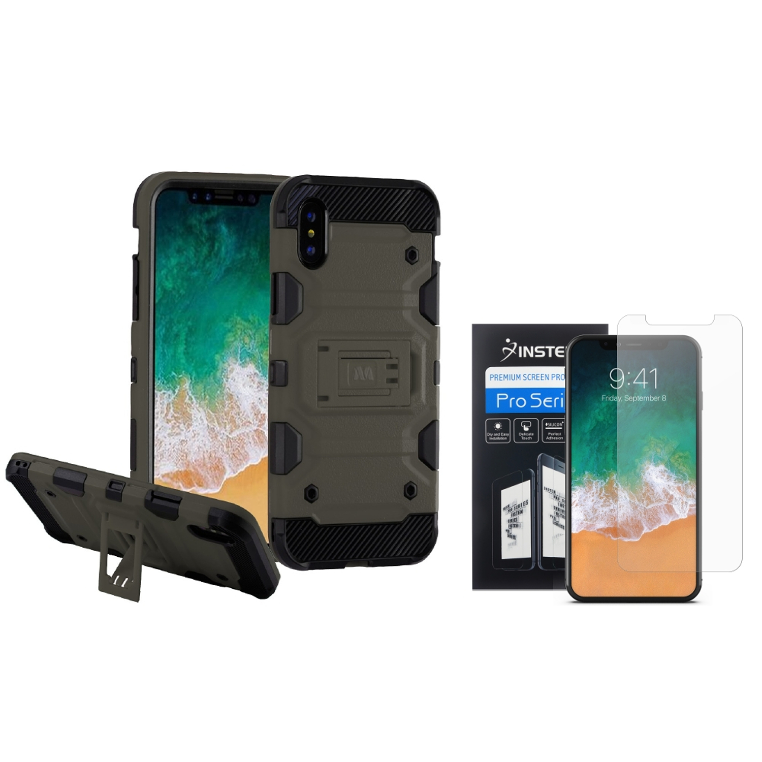 Iphone X Case Screen Protector Combo By Insten Storm Tank Dual Layer Hybrid Stand Pc Tpu Rubber Case Cover For Apple Iphone X Gray Black Bundle With Clear Screen Protector Walmart Com