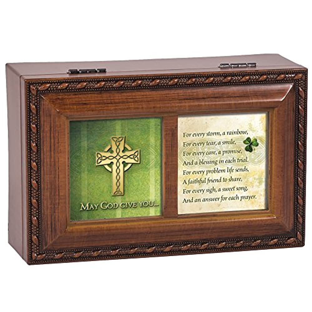 Cottage Garden May God Give Rainbow for Every Storm Woodgrain Rope Trim Jewelry Music Box Plays Amazing Grace