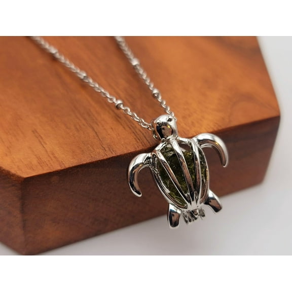 100% Genuine Natural Moldavite Turtle Locker Necklace Silver Tone