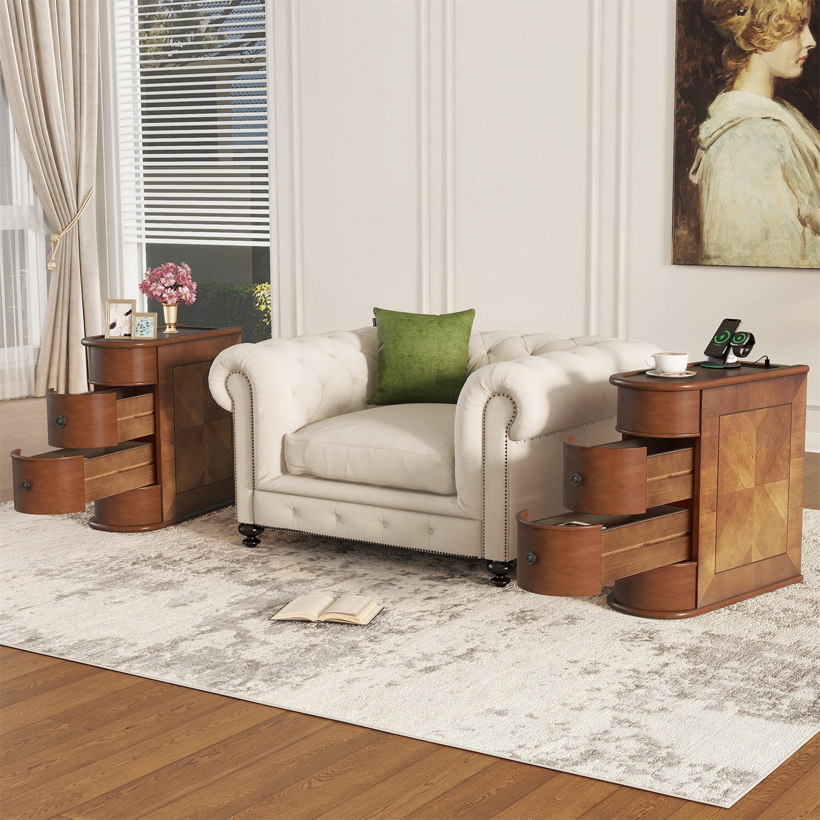 Hommoo Vintage Wood Sofa Side Table with Charging Station, 3 Drawers End Table Nightstand for Bedroom, Living Room, Closet, Walnut