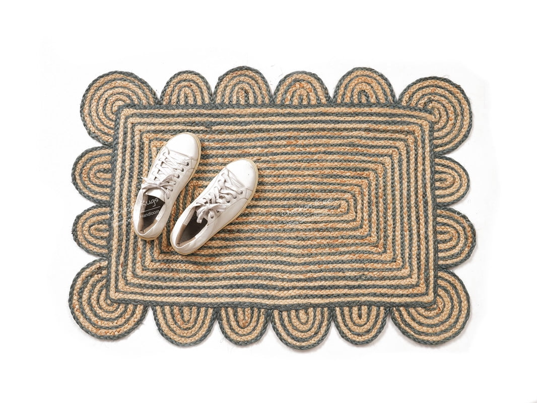 Hand Braided Beige and Grey Color Scalloped Area Rug Rectangle Rug Natural Jute Rug