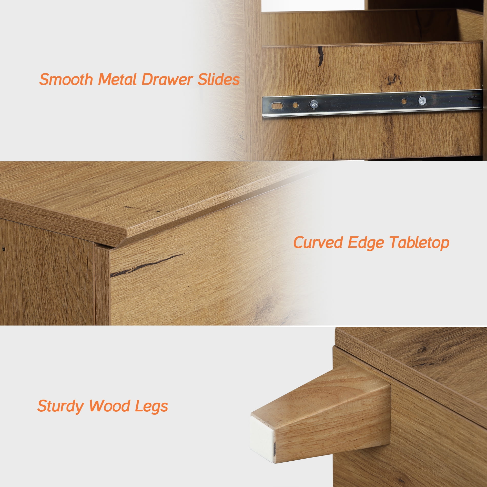 WAMPAT Modern Queen Size Canopy Bed Frame and Large Nightstand Set, No Box Spring Needed 4 Poster Bed with Headboard, Wooden Bedside Table with 3 Drawers for Bedroom, Dark Brown Wood