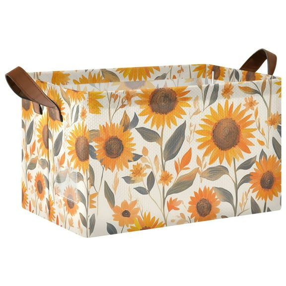 Yayeee Foldable Storage Basket for Shelves with Handles Waterproof Cloth Bins, Watercolor Sunflowers and Leaves