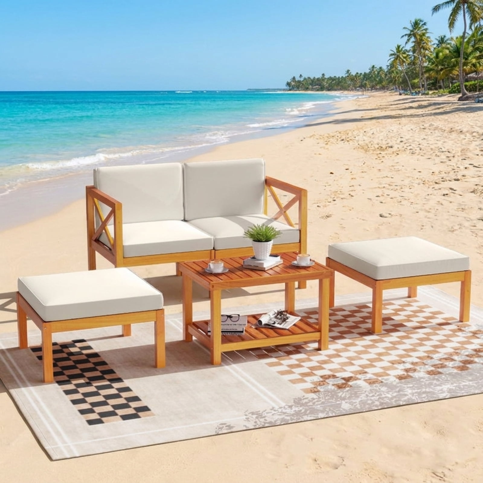 Furnibear 5 Piece Acacia Wood Patio Lounge Chair Set Outdoor Sofa Conversation Set with Ottomans Cushions and Coffee Table for Backyard, White