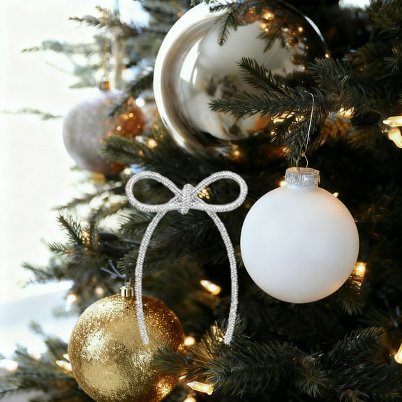 Christmas Bows For Tree Decor Champagne Gold Sparkly Glitter Rhinestone Bow Ornaments With Twist Tie For Xmas Decoration Wreath Garland Gift Wrapping(Silver-6X4.3In)