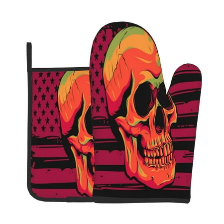 

Lukts Skull And Flag Usa Print Kitchen Heat-Resistant Gloves and Spacers 2pcs Set Suitable for Baking and Cooking