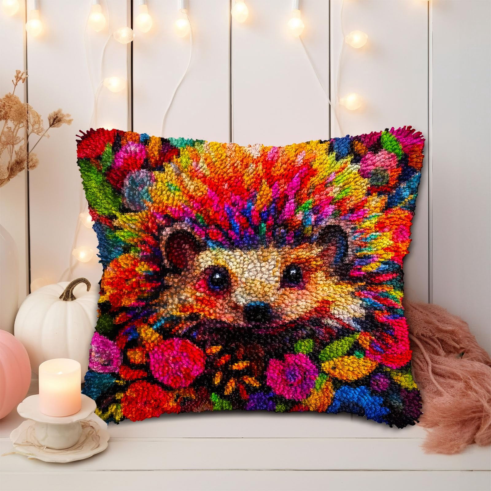 Cartoon Hedgehog DIY Latch Hook Pillow Kits for Adults Printed Pillowcase Crochet Yarns Hooking Handmade Pillow Cover Cushion for Home Sofa Decoration 17x17inch