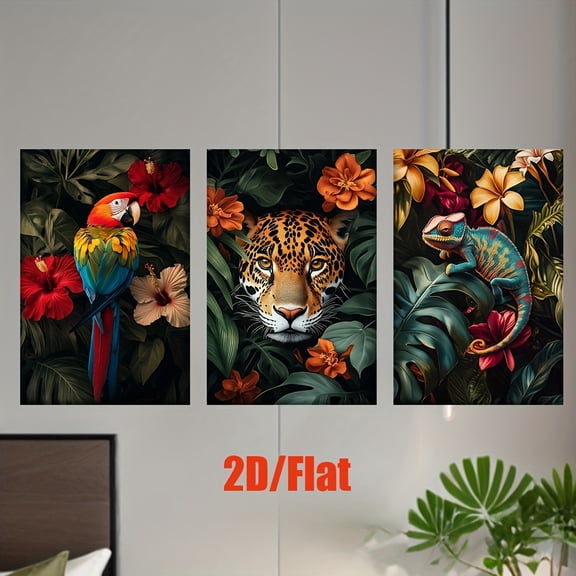 2D Flat 3pcs/Set, 2D Flat Canvas Paintings-Frameless, Animals in The Tropical Jungle, Posters And Prints, Living Room, Holiday Gift, Party, Bedroom, Abstract Art, Cafe, Home Decoration, Perfect Birt