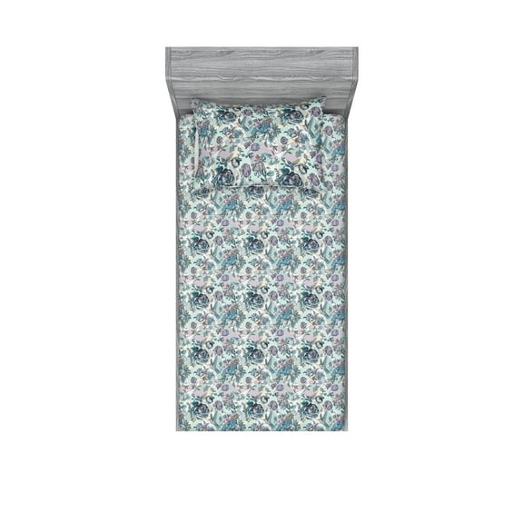 Floral Fitted Sheet & Pillow Sham Set, Vintage Style Colorful Wild Jungle Themed Bird and Blossom Drawing, Decorative Printed 2 Piece Bedding Decor, Twin, Pale Blue and Multicolor, by Ambesonne