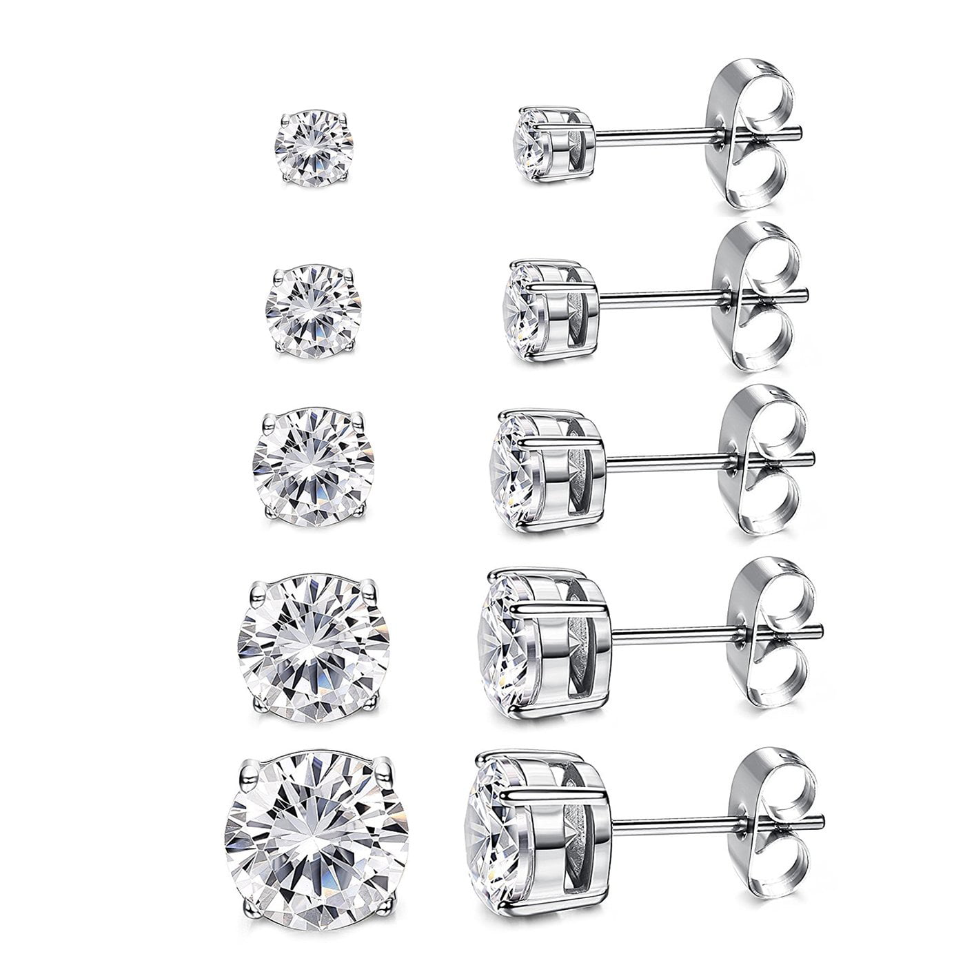 Womens 14K Gold Plated CZ Stud Earrings Simulated Diamond Round Cubic Zirconia Ear Stud Set（5 Pairs 