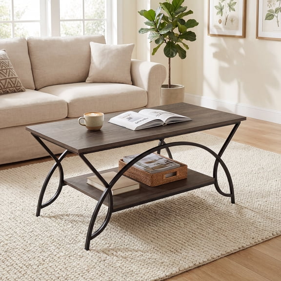 ELLEGNT Industrial Rectangular Coffee Table - 2-Tier Cocktail Table with Open Storage Shelf